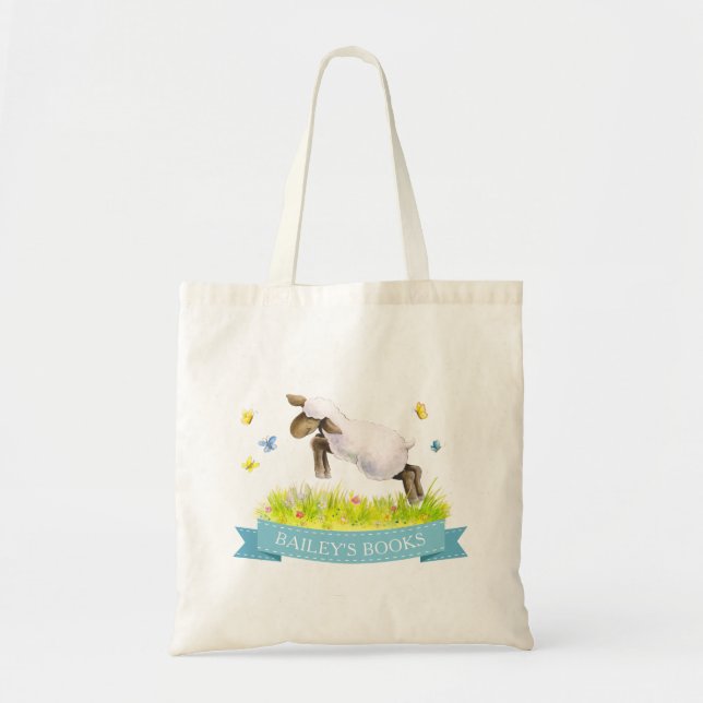 Lamb skipping spring whimsy art name book bag (Front)