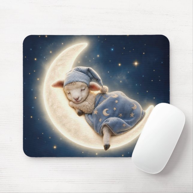 Lamb Sleeping on a Crescent Moon Mouse Pad (With Mouse)