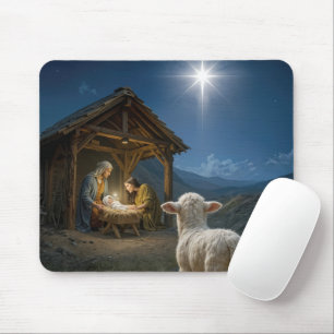 Lamb Watching the Nativity Scene Mouse Pad