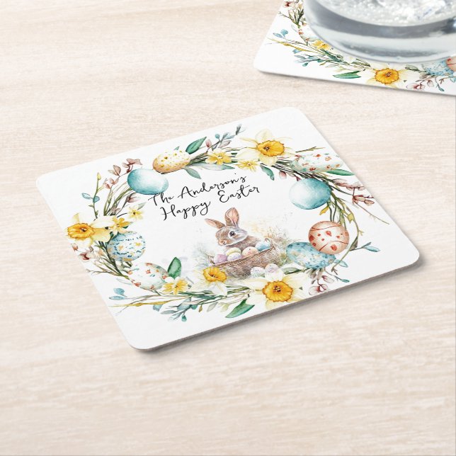 Lamb with a Crosss I eggs and floral Easter Square Paper Coaster (Angled)