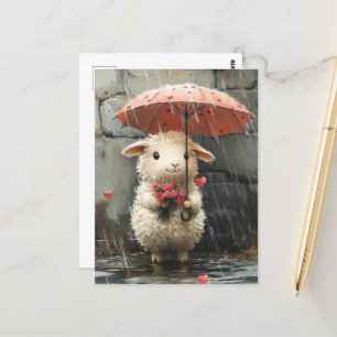 Lamb with Hearts, Roses and Umbrella Postcard