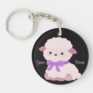 Lamb with Purple Bow Cute Kawaii Custom Black Key Ring