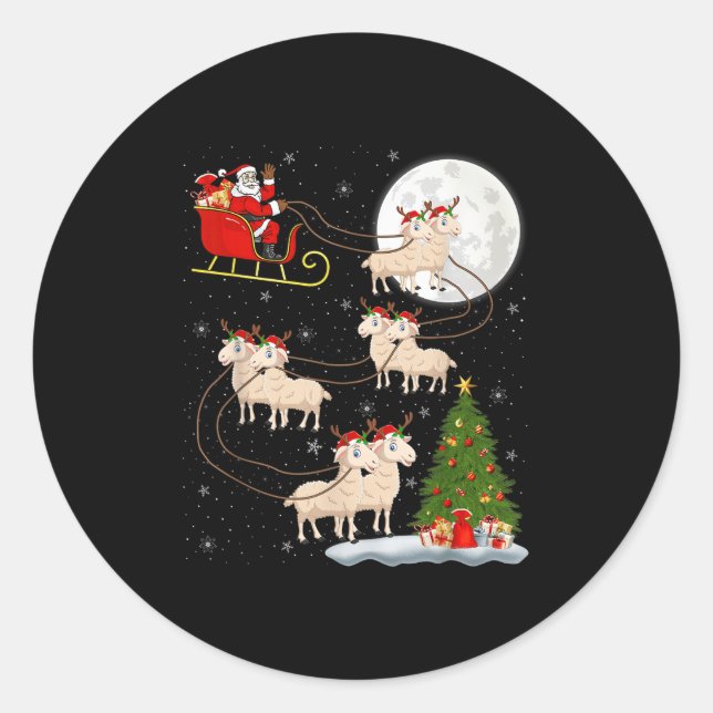 Lambs Sheep Santa Sleigh Flying Funny Magical Chri Classic Round Sticker (Front)