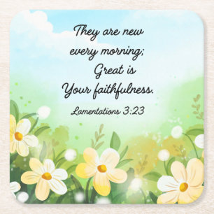 Lamentations 3:23 Yellow Spring Christian Square Paper Coaster