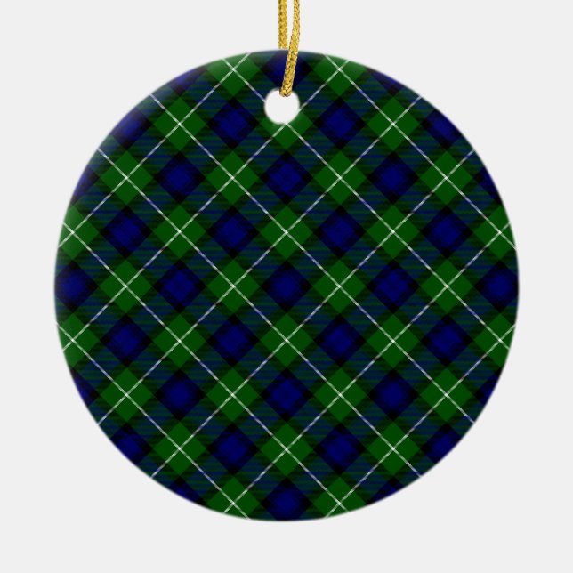 Lamont tartan blue green plaid ceramic tree decoration (Front)