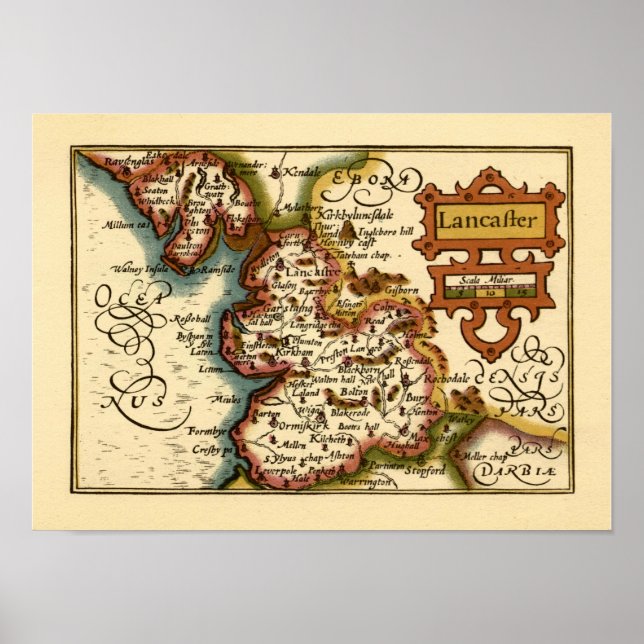 Lancashire County England Old Antiquarian Map Poster (Front)