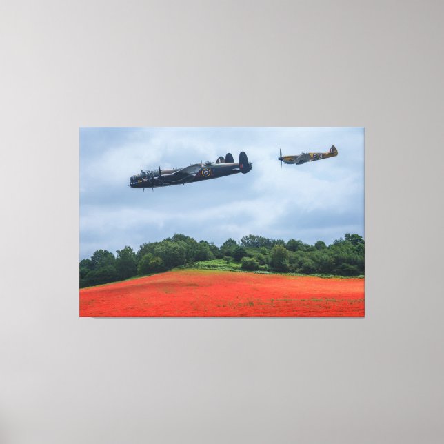Lancaster Bomber And Hawker Hurricane Flying Over  Canvas Print (Front)