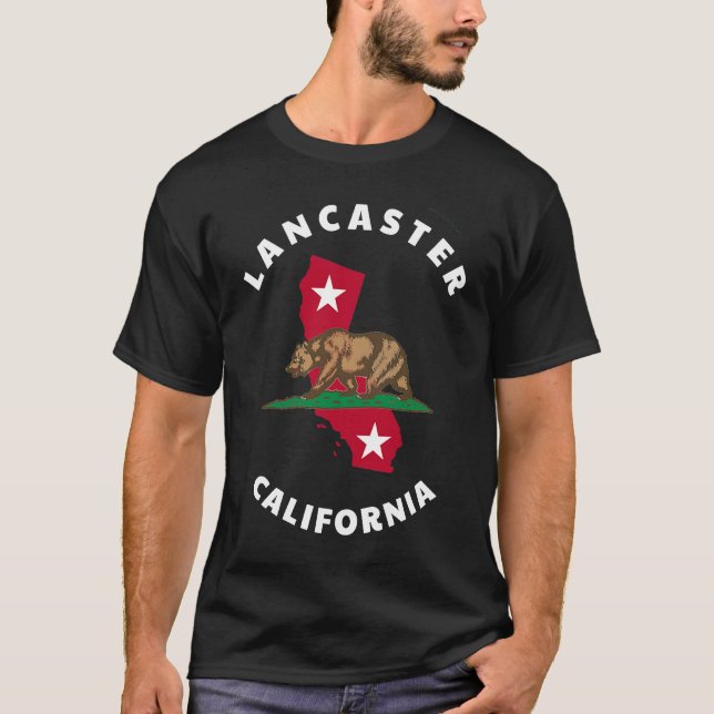 Lancaster California CA Flag and Bear Badge Souven T-Shirt (Front)