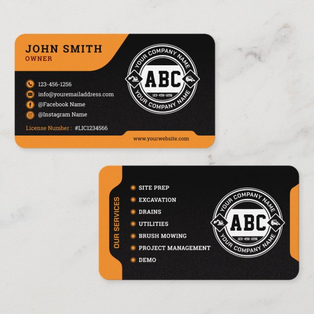 Land clearing, Construction, Excavating, Black Business Card (Front/Back)