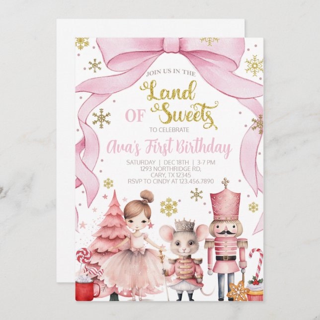 Land of Sweets nutcracker birthday invitation. Invitation (Front/Back)