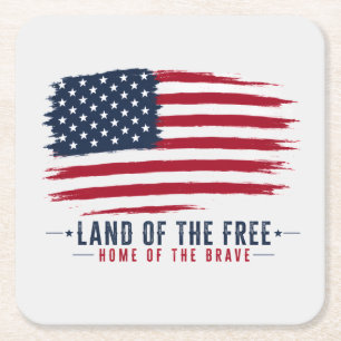 Land of the Free Home of the Brave Patriotic USA Square Paper Coaster