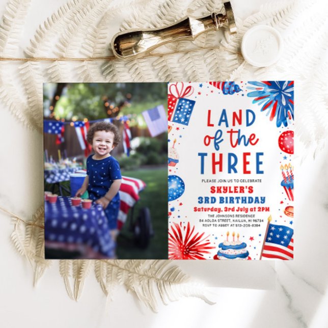 Land of the Three 4th July Patriotic 3rd Birthday  Invitation (Watercolor Fireworks Patriotic 4th of July Land of the Three 3rd Birthday Invitation)