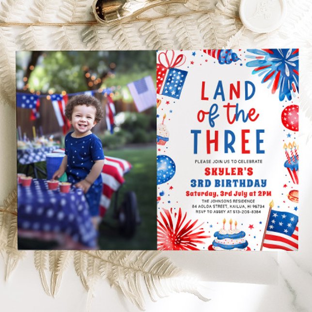 Land of the Three 4th July Patriotic 3rd Birthday  Invitation (Watercolor Fireworks Patriotic 4th of July Land of the Three 3rd Birthday Invitation)
