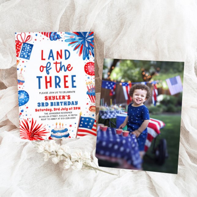 Land of the Three 4th July Patriotic 3rd Birthday  Invitation (Watercolor Fireworks Patriotic 4th of July Land of the Three 3rd Birthday Invitation)