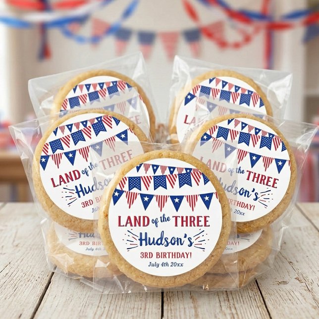 Land Of The Three! 4th Of July 3rd Birthday Party Classic Round Sticker (Creator Uploaded)