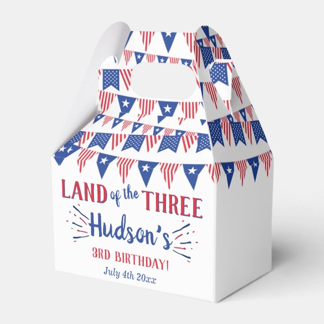 Land Of The Three! 4th Of July 3rd Birthday Party Favour Box (Front Side)