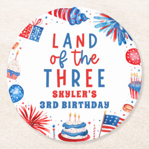 Land Of The Three 4th of July 3rd Birthday Party Round Paper Coaster
