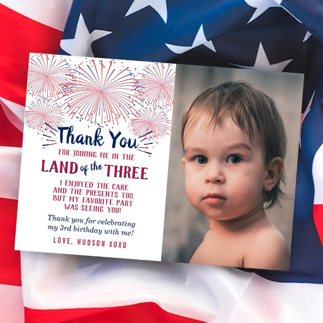 Land Of The Three Of July 3rd Birthday Photo Thank You Card (Creator Uploaded)