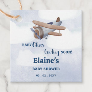 Landing Soon Blue Boy Aeroplane Baby Shower Favour Tags