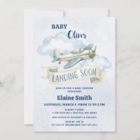Landing Soon Blue Boy Aeroplane Baby Shower