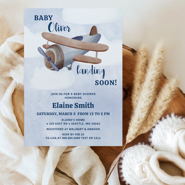 Landing Soon Blue Boy Aeroplane Baby Shower Invitation (Landing Soon Blue Boy Airplane Baby Shower Invitation)