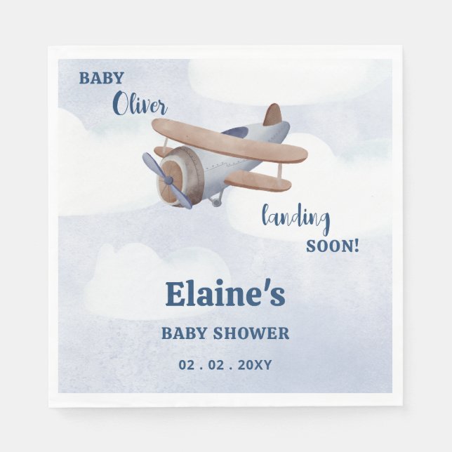 Landing Soon Blue Boy Aeroplane Baby Shower Napkin (Front)