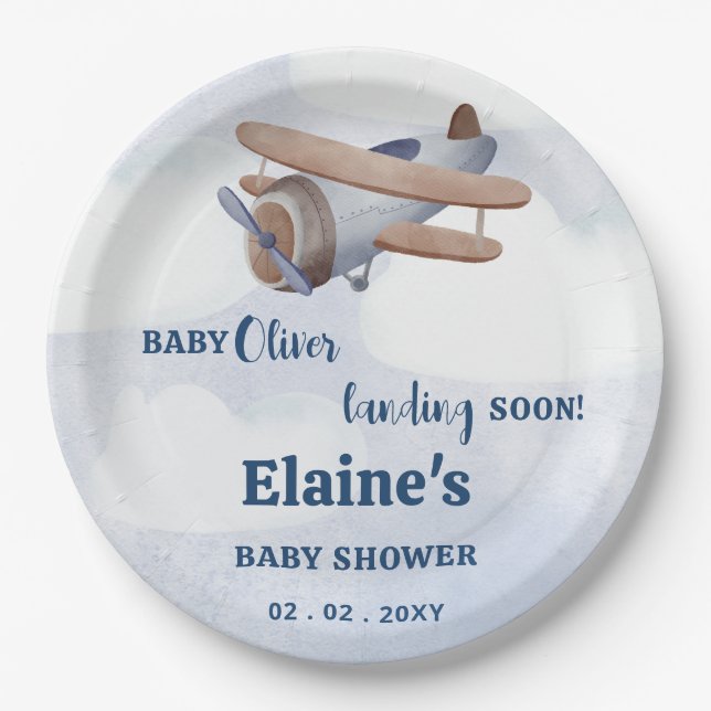 Landing Soon Blue Boy Aeroplane Baby Shower Paper Plate (Front)