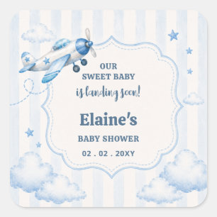Landing Soon Blue Boy Aeroplane Baby Shower Square Sticker