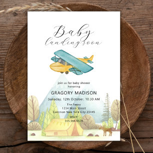 Landing Soon Vintage Aeroplane Forest Baby Shower Invitation