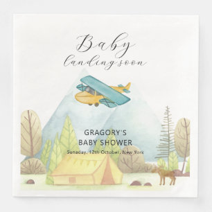Landing Soon Vintage Airplane Forest Baby Shower Napkin