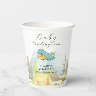 Landing Soon Vintage Airplane Forest Baby Shower Paper Cups