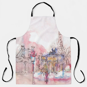Landmark of Paris with watercolor in a rainy day - Apron