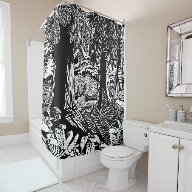 Landscape Art Shower Curtain B & W Forest Decor (In Situ)