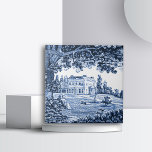 Landscape Blue Victorian Home Tile<br><div class="desc">Victorian era home with landscape in blue drawing.  Dog is running across lawn while victorian dressed couple sits at bench on lawn.</div>