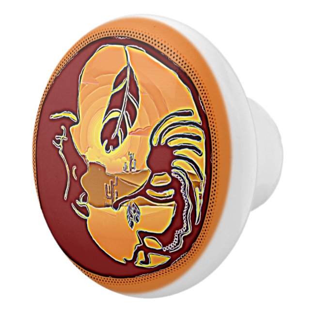Landscape Button - Kokopelli Moon Feather 1 Ceramic Knob (Right)