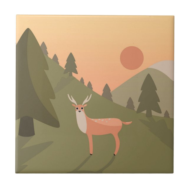 Landscape Deer Mountain Nature Wild Park Sunset Po Tile (Front)
