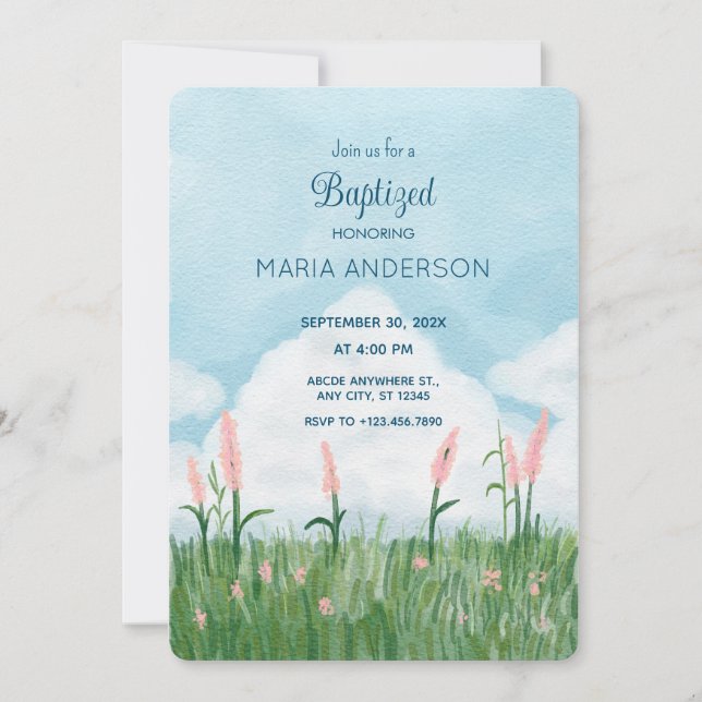 Landscape green field blue sky Baptised Invitation (Front)