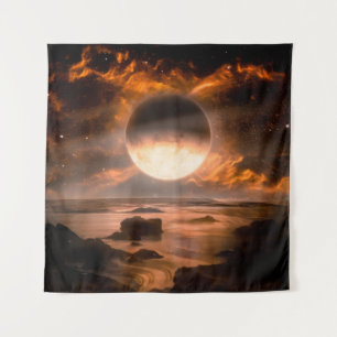 Landscape in fantasy alien planet with flaming moo tapestry