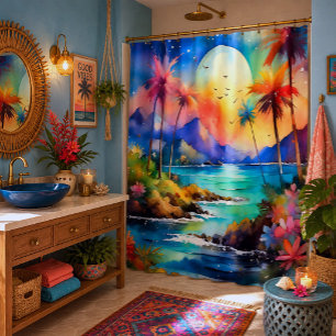 Landscape island ocean watercolor Tropical art Shower Curtain