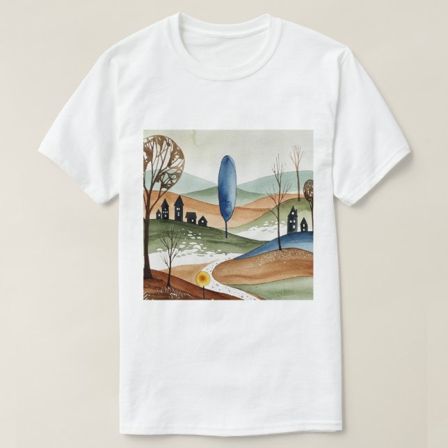 landscape of hills with small houses T-Shirt (Design Front)