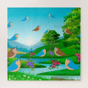 Landscape River Trees Birds Flowers Nature, Age 10 Jigsaw Puzzle