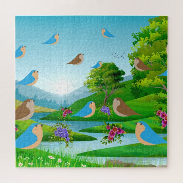 Landscape River Trees Birds Flowers Nature, Age 10 Jigsaw Puzzle (Horizontal)