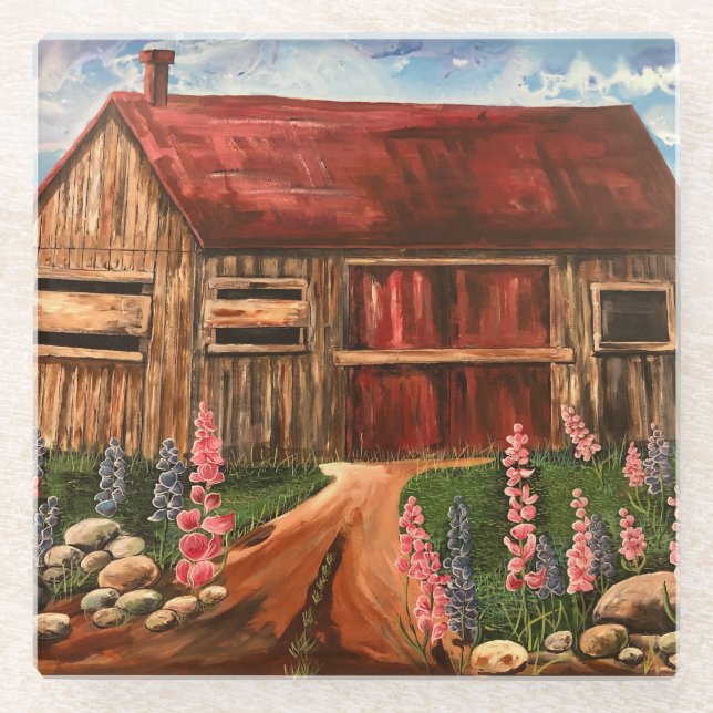 Landscape Rustic BARN In the Field Flowers Glass Coaster (Front)