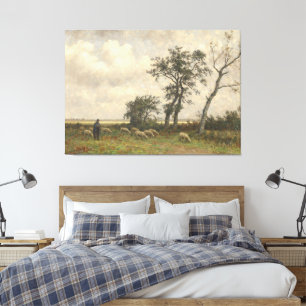 Landscape sheep and shepherd vintage fine art  canvas print