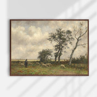 Landscape, sheep and shepherd, vintage fine art.