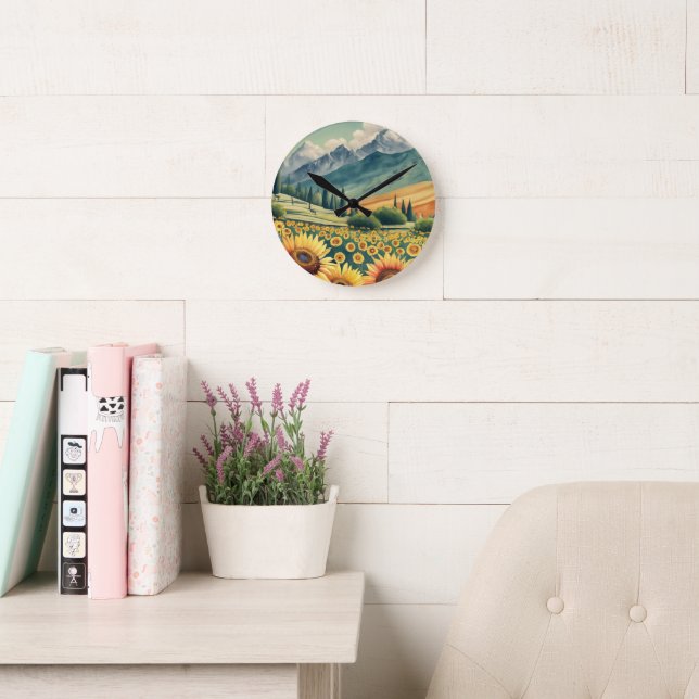 Landscape Sunflowers Boho Round Clock (Reading Room)