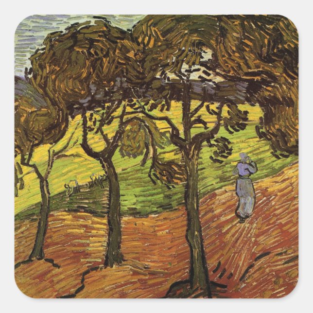 Landscape, Trees and Figures by Vincent van Gogh Square Sticker (Front)