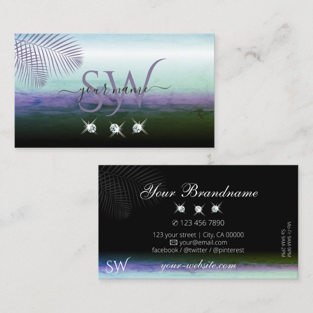 Landscape Watercolors Sparkling Diamonds Initials Business Card (Front/Back)