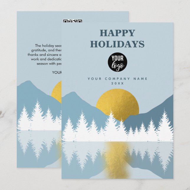 Landscape Winter Happy Holidays Business QR Code Holiday Card (Front/Back)