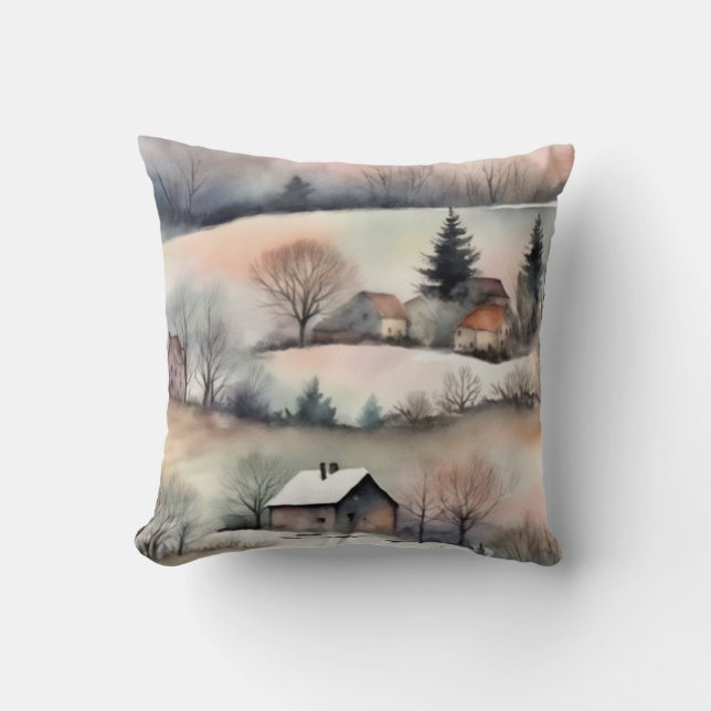 Landscape Winter Pastel Watercolor  Cushion (Front)